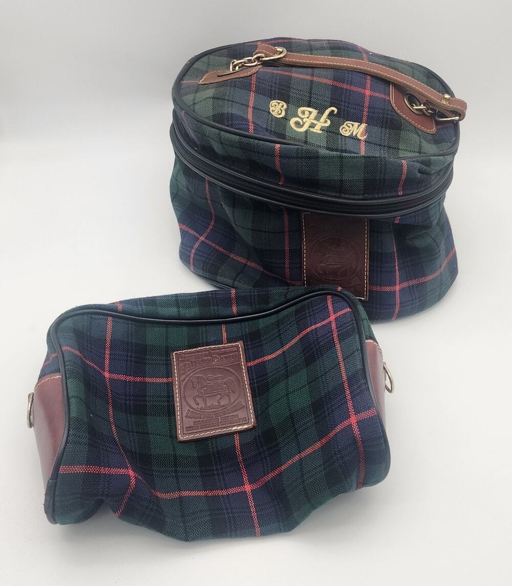 5/A Baker Blanket Cosmetic Toiletry Bag Set Brown Leather Wool Plaid Tartan